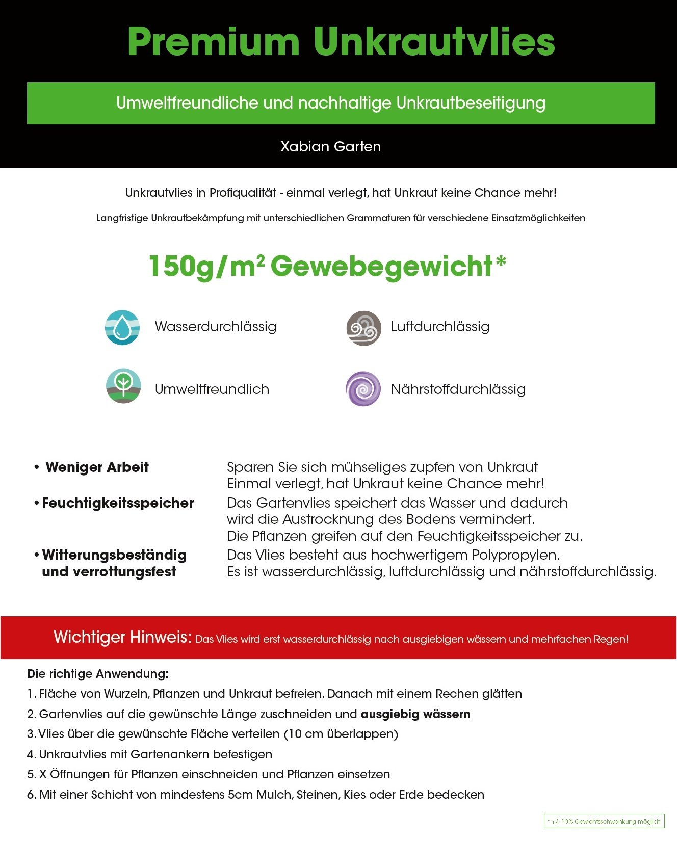 Xabian Anti Unkrautvlies 150g/m² Gartenvlies 25m² - 50m² - 75m² schwarz – Bild 9