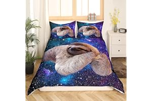 LOUSSIESD Tbrand Faultier Bettbezug Set 3D Lustige Tiergalaxie Faultier Bettwäsche Set 200x200cm Chic Lila Blau Sternenhimmel Betten Set Für Kinder Jungen Mädchen Weltraum Milchstraße Schlafzimmer Dekor