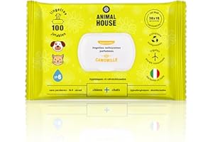 Animal House - Lingettes à la Camomille 100 lingettes Naturelles hydratantes, apaisantes et hypoallergéniques, pour Le Nettoyage Quotidien des Chiens et des Chats