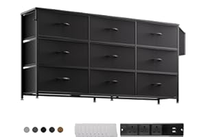 PURFINO Fabric Chest of Drawers - Large TV Stand for 43-65 Inch TVs with 9 Drawers, Label Cards, Side Pocket & Hook, Odor Free Storage Unit for Living Room, Hallway, Bedroom