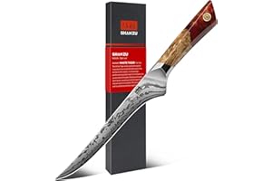 SHAN ZU Coltello da filetto in Damasco da 18 cm, in acciaio a polvere SG2, forgiato a mano a 91 strati, con manico in acero - serie White Tiger