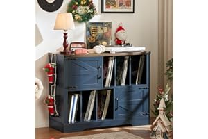 LELELINKY Large Record Player Stand with Storage, 1m Vinyl Records Storage Organizer Cabinet, Farmhouse Wood Vinyl Table with Barn Doors, Mid-Century Turntable Stands for Living Room