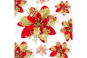 YSUVIN Flores de Navidad para Decorar, 10 Pcs Rojo+Oro Árbol de Navidad Decoraciones Glitter Flor, Flores Artificiales de Navidad con 10 Pcs Clip para Navidad Boda Fiesta de Año Nuevo (14cm)