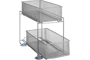 WENKO Scaffale divisorio Gioma, portaoggetti a 2 ripiani e cestello estraibile per armadietto o piano cucina, in metallo verniciato a polvere, 35 x 33,5 x 18,5 cm, argento opaco