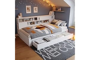 RIAZOS Kinderbett 140x200 cm, Doppelbett mit Regalen und Stauschrank, Stauraumbett mit Schubladen, Bettkasten mit Lattenrost, für Erwachsene und Jugendliche, ohne Matratze, Weiß