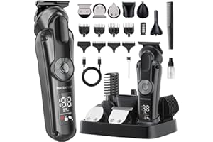 PORTENTUM Tondeuse barbe homme – Lot 21 pcs – LED – Rasoir Électrique Visage et Corps – Tondeuse Cheveux Polyvalente – 6 Têtes – 7 Sabots – USB-C – Autonomie 120 min – Support Organisateur Sans Fil