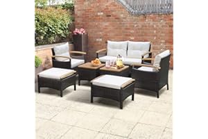 GIANTEX 7-częściowy zestaw mebli ogrodowych do użytku na zewnątrz, rattanowe meble ogrodowe dla 6 osób, zestaw mebli balkonowych z ławką, 2 fotelami i 2 taboretami i 2 stolikami kawowymi, meble