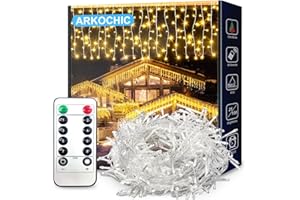 ARKOCHIC 10M Luci Natale Esterno Cascata, 400 LED Tenda Luminosa Bianco Caldo, Luci Natalizie da Esterno con Telecomando, 8 Modalità, Luci Decorazione Natale per Feste, Finestra, Balcone