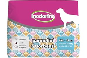 Inodorina, Pannolini Assorbenti Usa e Getta, Tecnologia Traspirante e Indicatore di Bagnato, con Buco per la Coda e Alette Lunghe, per Cani con Peso da 32-50 kg, Taglia XXL, 12 pezzi