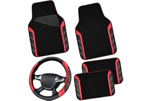 ‎CAR PASS CAR PASS Leder Lenkradbezug und wasserdichte Auto Fußmatten, Mikrofaser Universal Auto Combo passend für 95% LKWs SUVs Autos, 36.8-38.1CM Sportlich Anti-Rutsch Design(Schwarz Rot)