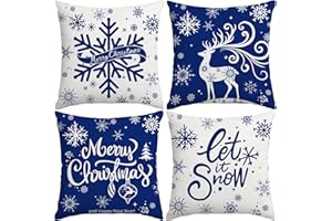 Miaikoe Merry Christmas Cushion Covers 40x40cm Snowflakes Let it Snow Moose Winter Holiday Blue Cushion Cases for Christmas Holiday Coach Sofa Decorations Set of 4