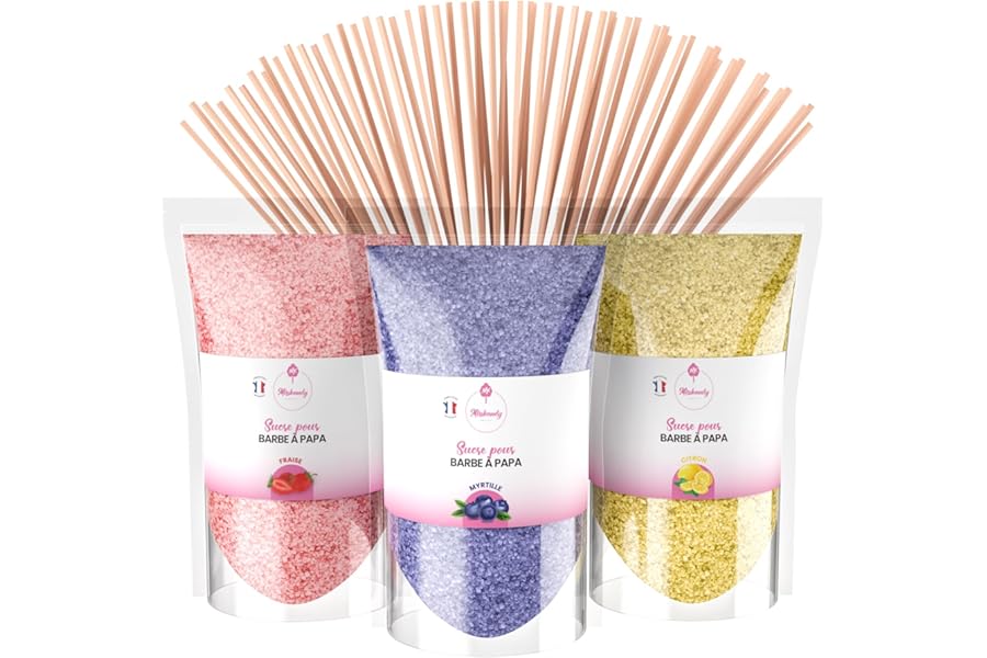 Misskandy® candyfloss sugar for machines - Set of (3x 160g) - (Natural Flavours): Flavours: Strawberry/Blueberry/Lemon/Candyfloss powder + 20 sticks (free)