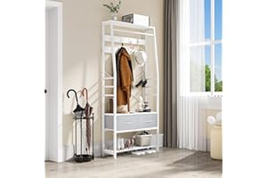 YITAHOME Coat Rack, 6-in-1 Hall Tree with 2 Drawers Floorstanding Coat Stand with Shoe Storage Wood and Matel Clothes Rail with 8 Hooks, for Hallway Living Room Entryway Bedroom, White