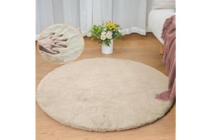 ORINOVA Beige Round Fluffy 90 cm Faux Fur Round Rug Bedroom Fur Rug Living Room Children's Room Small Decoration Cuddly Washable