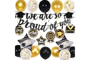 DOUVELUE Graduation Decorations Class of 2025, Black and Gold Balloons, We Are So Proud of You Banner and Hanging Swirls, Graduation Party Cards, for Party Decorations