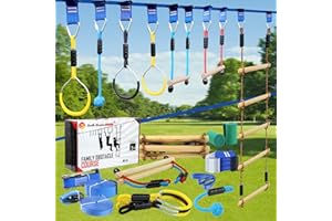 GENTLE BOOMS SPORTS Ninja Warrior Line Slackline Hanging Obstacle Course for Kids 17m Slackline Set Monkey Pole Ninjaline Ladder Rings Backyard Tree Training Equipment Outdoor Play Station (Ninja Line)