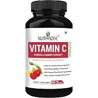 Nutrazee Natural Vitamin C Supplement, Acerola Cherry Extract with Natural Citrus Bioflavonoids Whole Food Vegan Supplement - For Immunity, Antioxidant, Skincare 500 mg - 60 Veg Capsules