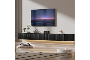 PURFINO Svävande TV-skåp med RGB-LED-lampor – 200 cm väggmonterat TV-skåp vitt med 31 cm djup och förbättrat förvaringsutrymm