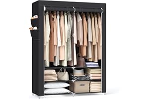 SONGMICS Armoire Chambre en Tissu, Porte-vêtements, Penderie, 45 x 127 x 176 cm cm, 2 Compartiments de Suspension, abvec Étagères, 4 Pochettes, Grande Capacité, Chambre, Salon, Noir RYG008B02