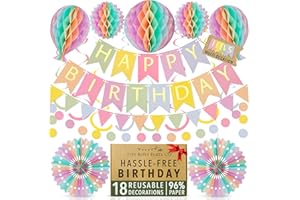 Premium Reusable Birthday Decoration Set - Honeycomb Paper Party Decorations, Happy Birthday Banner, Bunting, Streamers - Decor for Girls, Boys, Women & Men by Itsy Bitsy Party Co (Pastel)