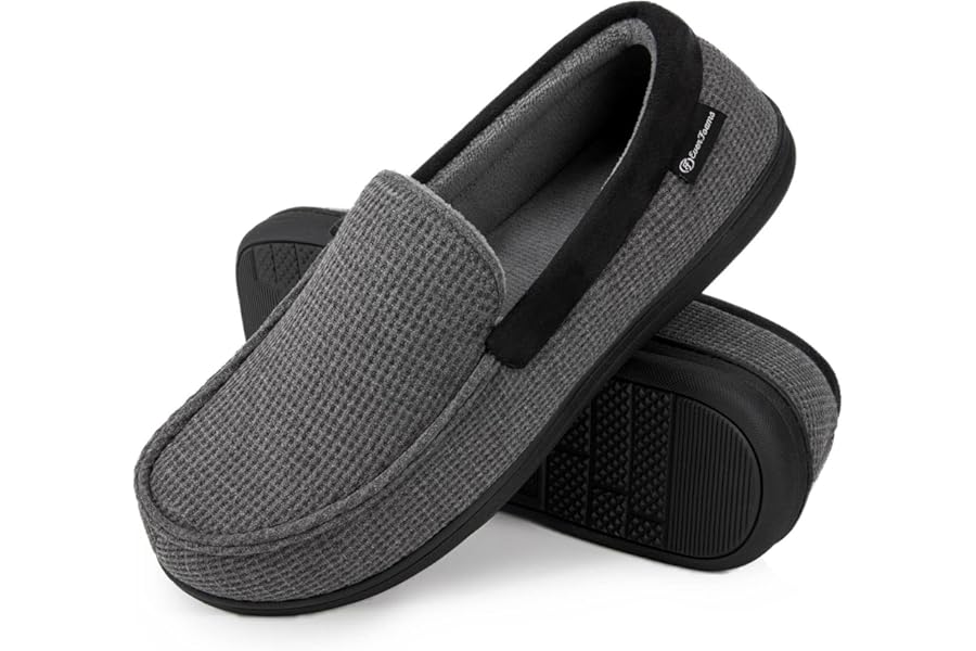 EverFoams Men's Comfort Memory Foam Moccasin Slippers Breathable Terry Cloth House Shoes with Anti-Skid Rubber Sole