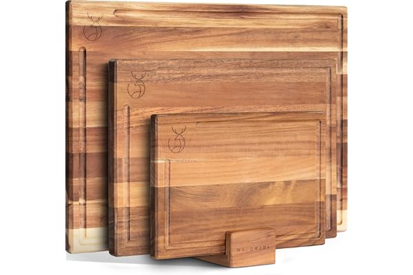 WALDWERK Skärbrädor 3-set (40x30 / 33x24 / 26x18 cm) av massiv akacia – Skärbräda med ställ – 2 cm tjocka träbrädor med saftspår – Skärbrädor set