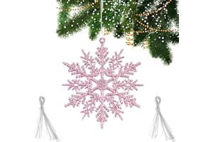 FLOFIA 24pcs Copos de Nieve Colgante Adorno para Árbol De Navidad Copo de Nieve Artificial con Purpurina 10,5cm para Decoración Navidad Ornamento Navideño Hogar Pard Ventana Escaparate (Rosado)