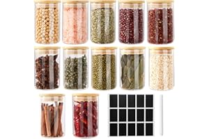 FoiiLiio Botes Especias Cristal, 12 x 250ml Redondos Tarros Especias con Tapas de Bambú, Frascos Especiarias Spice Jars, Botes para especias con Etiquetas
