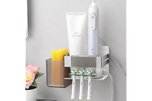 ALOCEO Porta Spazzolino per Spazzolini Elettrici da Parete Set Custodia, Porta Testine Spazzolino Elettrico con 2 Ganci, Organizzare il Spazzolino Caricabatterie e Dentifricio, Argento