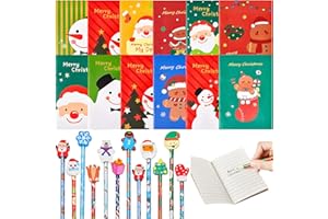 Tenare 24 Set Christmas Pencil with Topper Eraser Mini Notebook Set Snowman Santa Planner Notebook Bulk for Xmas Winter School Party Bag Fillers Favors Gift Supplies Reward Carnival Prize