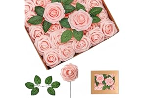 YAYAFUNFUN 25Pcs Roses Artificielles Poudre,En Mousse Faux Roses Avec Tiges, Rose Artificielles Cimetiere,De Faux Ivoire Rose pour Deco Mariage,Décoration d'anniversaire, Saint Valentin,Décoration de Gâteau