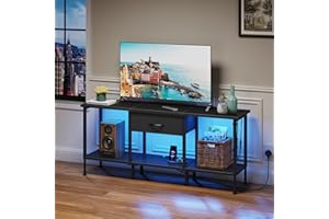 OYRREU Mobile TV con Presa, Supporto TV con Illuminazione a LED, Cassetto in Tessuto e Ripiani Aperti, 120 cm Mobile TV per TV fino a 55″ per Soggiorno e Camera da Letto, Nero
