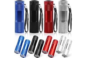 WIYETY 12 stycken mini LED-ficklampa aluminium barn ficklampa med 9 lysdioder, barnficklampa med snodd, för barn, camping, vandring, utomhus, slående – 4 färger (utan batteri)