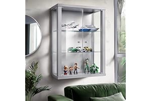 K-Möbel Vetrinetta da Parete (80x60x25cm) – Prodotta in Germania – Vetrinetta Espositiva da Parete con 2 ripiani in vetro ESG regolabili in altezza in argento - Vetrina Espositiva Collezionismo