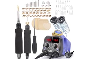 WEP 939D-VII 2-IN-1 Brandmalkolben 84-IN-1 mit 51 festen Spitzen 23 Drahtspitzen brennpeter mit 2 Schablonen, 6 Stück unbehandeltem Holz, 1 Stifthalter, brandmalerei holz (EU Stecker)