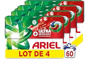 Ariel Pods 4en1 +Ultra Détachant, Lessive en Capsules, 60 Lavages (15x4), Élimine Même les Tâches Incrustées Depuis 7 Jours, Dissolution Rapide Même à Froid, Fabriqué en France