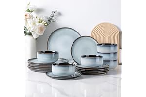 LeRatio Dinner Set for 6, 18 Piece Stoneware Plates and Bowls Set, Chip & Scratch Resistant Reactive Glazed Dinnerware Set, Dishwasher & Microwave Safe Crockery Set (Ocean Blue, Service for 6)