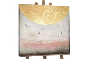 YS-Art XXL Abstrakt Acryl Gemälde auf Leinwand Sonnenenergie II handgemalt Wandbilder Wohnzimmer modernes Design Bilder Gold Braun Vögel echte Kunst 90x90 cm