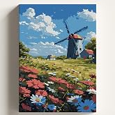 Sayılarla Boyama Tuval Hobi Seti YEL DEĞİRMENİ Temalı Fır&ccedil;a ve Boya Dahil Set (&Ccedil;ıtalı) 40x50 CM Kendin Yap Sayılarla Tuval Bo