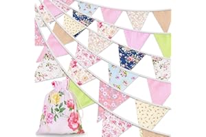 Alintor 45.9ft 46pcs Floral Bunting Flags + Drawstring Bag, Ve Day Bunting, Garden Bunting, Vintage Fabric Bunting, Bunting Banner for Party Birthday, Afternoon Tea, Easter Decorations