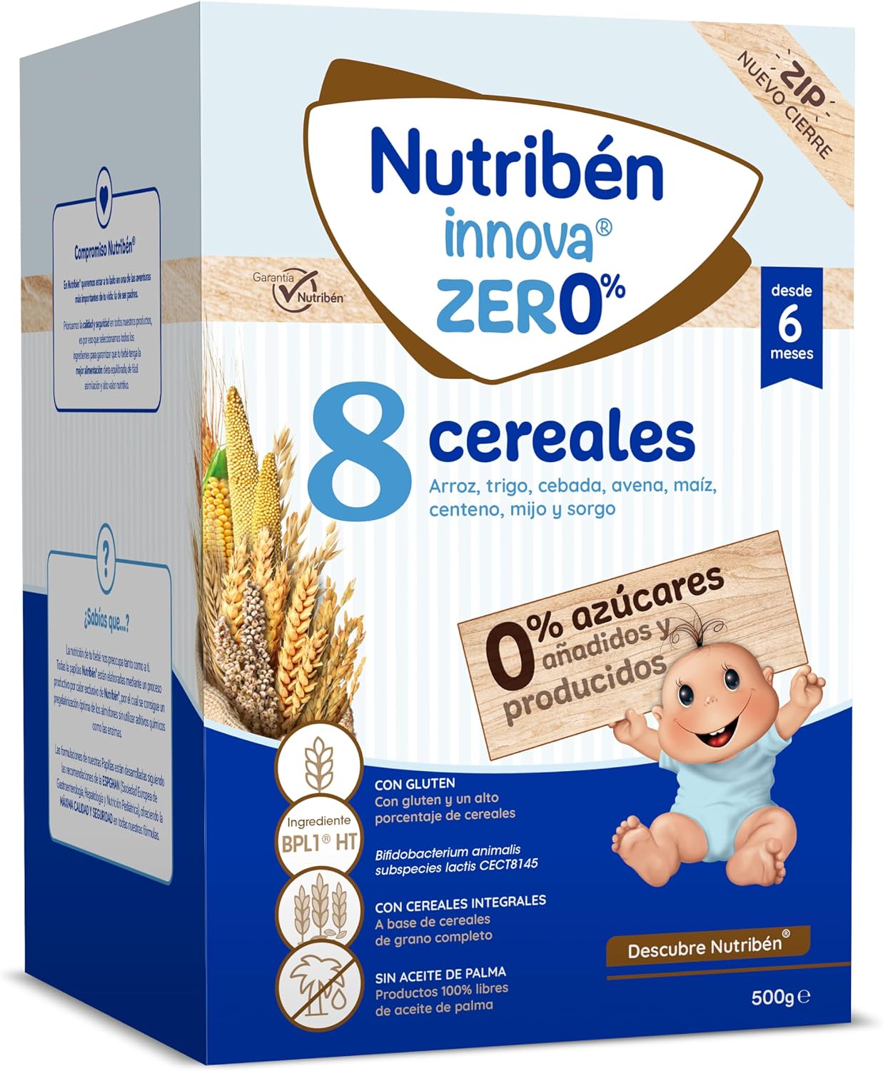 Nutribén innova ZERO 0% 8 Cereales | 500g | Arroz, Trigo, Cebada, Avena, Maiz, Centeno, Mijo y Sorgo | Bebés a Partir de 6 Meses | 0% Azúcares Añadidos y producidos | Cereales Integrales