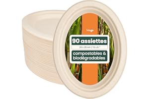 HAAGO - 90 10" Assiettes Ovales Jetables en Bagasse de Canne à Sucre, Écologiques et Compostable à la Maison, pour le Pique-nique, pour Aliments Chauds et Froids - 26cm