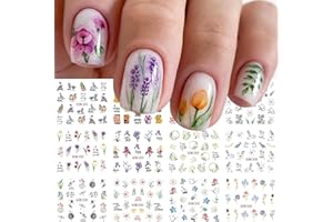 Kireida® 12 hojas de pegatinas de flores para uñas, pegatinas de flores de tulipán, orquídeas, diseños de texto para decoraci