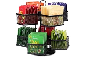 Yiomxhi Lazy Susan pudełko do przechowywania herbaty z 8 przegródkami, obracane o 360°, 2-poziomowy talerz obrotowy, organizer na herbatę Lazy Susan, pudełko na herbatę, saszetki z kawą, kolor czarny