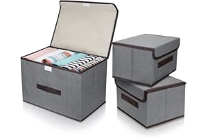 DIMJ 3 Pack Foldable Storage Boxes with Lids, Collapsible Storage Bin with Handle, Fabric Storage Basket Organiser Box for Wardrobe, Closet, Shelf, Office (Grey)