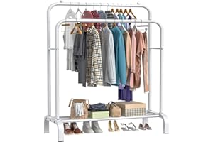 Savieva Heavy Duty Double Clothes Rail Hanging Rack Garment Display Stand Storage Shelf for Store Bedroom Dressing Room White Boxes Shoes Boots (White)