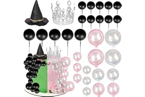 Xsstarmi 31 Pack 3D Crown Witch Hat Cake Topper Black Pink Balloons Cake Pick for Magic Witch Wizard Theme Baby Shower Wedding Birthday Party Cake Decorations Supplies
