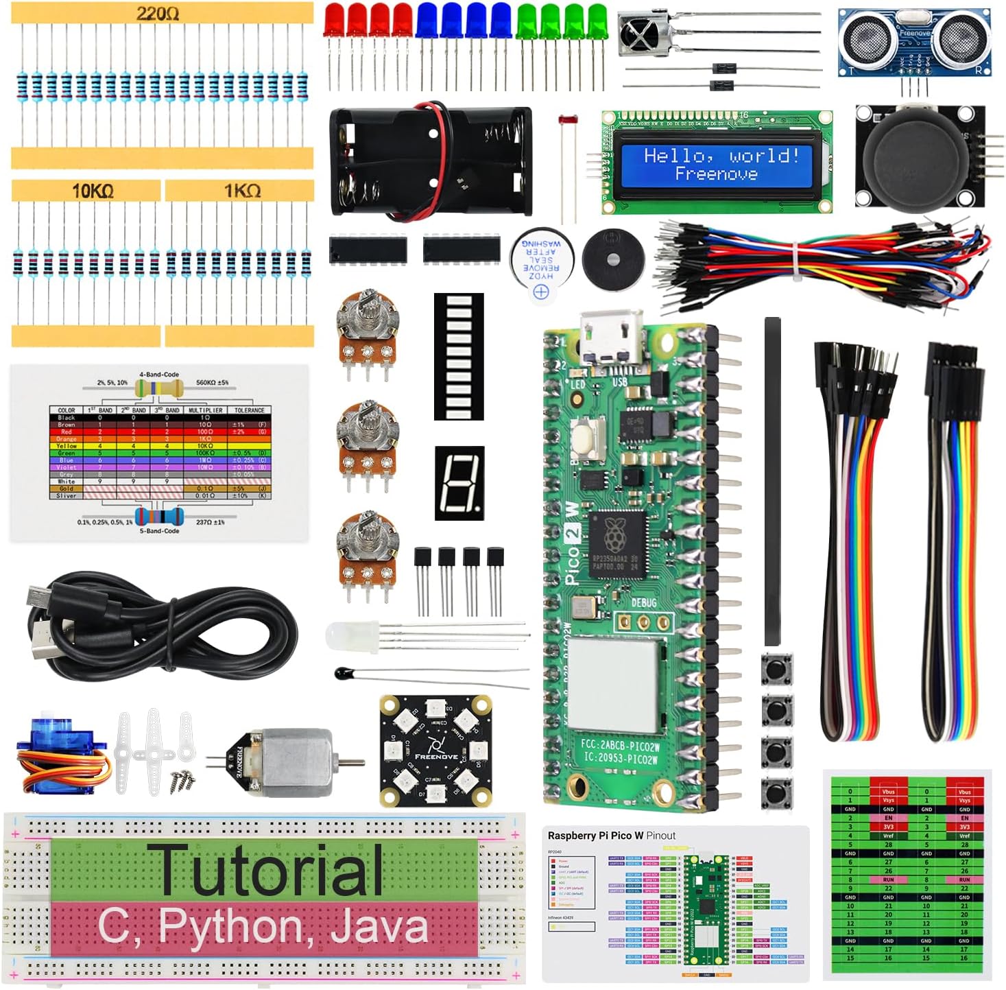 Freenove Super Starter Kit for Raspberry Pi Pico 2 W (Included), Dual Arm Cortex-M33 and Dual Hazard3 RISC-V Microcontroller, 588-Page Detailed Tutorial, 177 Items, 94 Projects, Python C Java Code