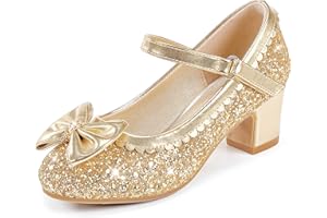 LAURMOSA Glitzer Prinzessin Schuhe Mädchen Mary Jane Riemchen Pumps mit Schleife Stöckelschuhe Kinder Party Hochzeit Geburtstag