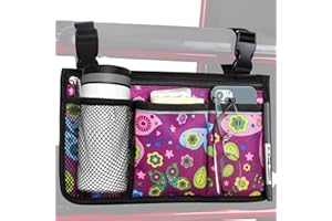 HSGEZUOQI Wheelchair Side Bag, Upgrade Flower Color Armrest Storage Pouch with Cup Holder and Reflective Strip Use of Waterproof Fabric, for Most Wheelchairs, Walkers or Rollators (Purple Butterfly)
